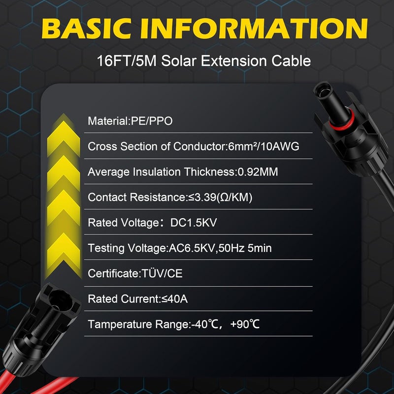 OWINUSTECH 16Ft SolarCable SolarExtension Cable,10AWGSolar Panel ExtensionCable with Female and Male Connectors,Waterproof SolarExtension Cable Kit - Image 3